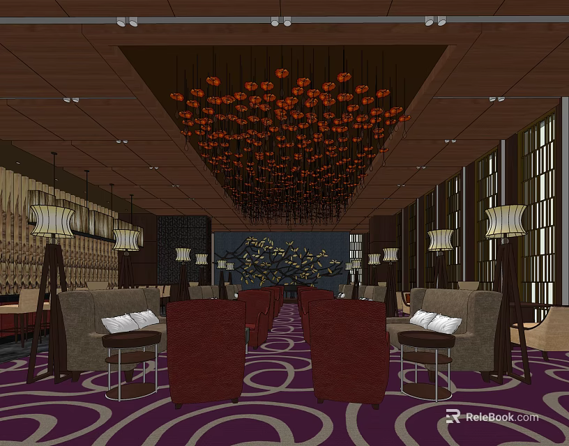 Elegant Café Interior With Orange Chandeliers Purple Patterned Carpet Red Beige Sofas And Wooden Screens 3d model 