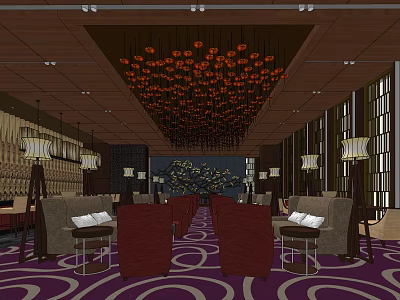 Elegant Café Interior With Orange Chandeliers Purple Patterned Carpet Red Beige Sofas And Wooden Screens 3d model