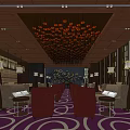 Elegant Café Interior With Orange Chandeliers Purple Patterned Carpet Red Beige Sofas And Wooden Screens