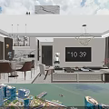 Bright Modern Dining And Living Room With Round Marble Table Cozy Chairs And Side Cabinets