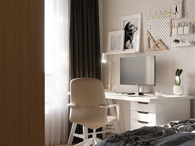 Modern White Desk With Computer Monitor Beige Chair Wall Decor And Bright Room 3d model