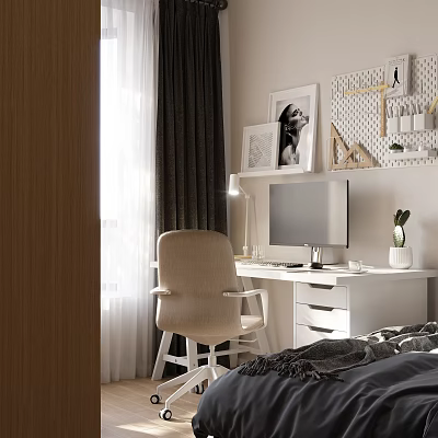 Modern White Desk With Computer Monitor Beige Chair Wall Decor And Bright Room 3d model