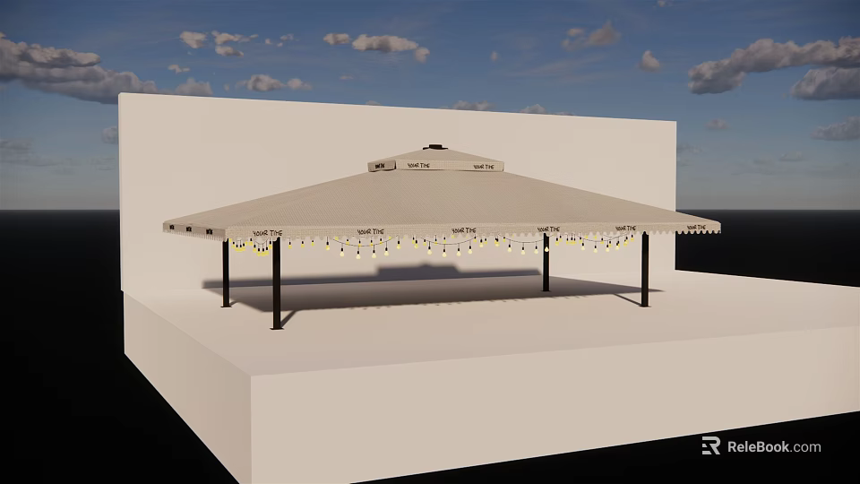 Outdoor Beige Canopy with Black Metal Frame and Hanging String Lights for Garden Shade 3d model 