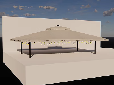 Outdoor Beige Canopy with Black Metal Frame and Hanging String Lights for Garden Shade 3d model