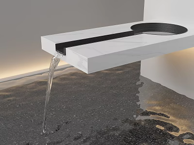 Indoor Landscape Featuring White Marble Countertop Black Circular Sink Flowing Water Dark Floor Soft Lighting 3d model