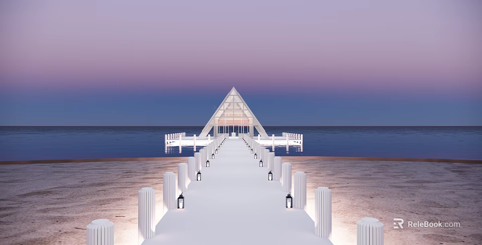 Ancient Architecture Seaside View With Long White Pathway Pillars Lanterns And Purple Sky 3d model 