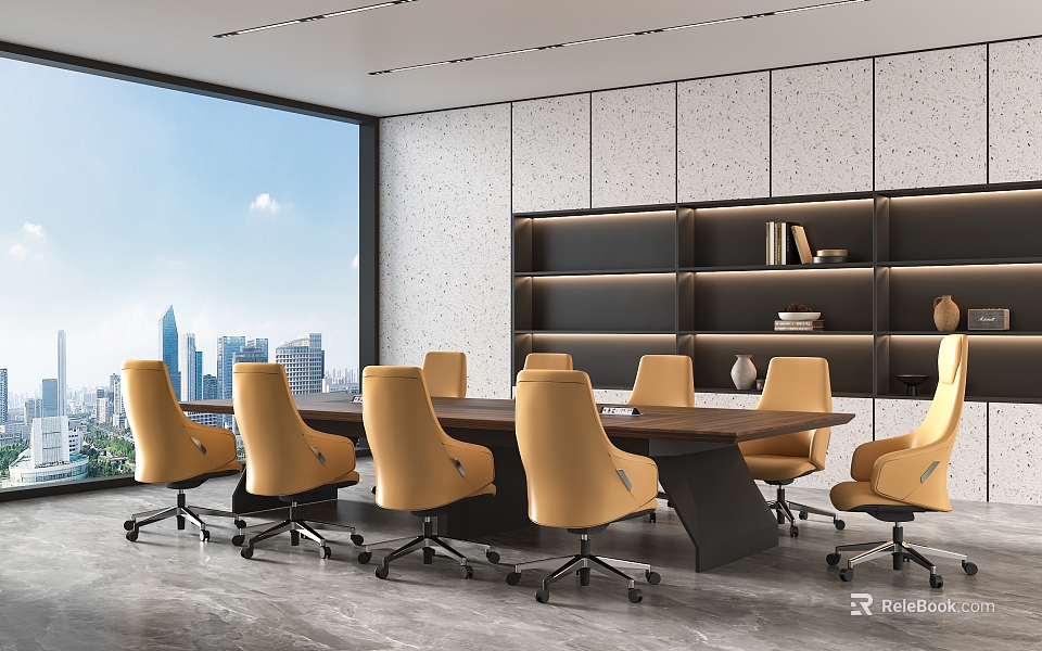 Modern Conference Room With Large Windows City View Yellow Chairs Black Table Bookshelves Gray Walls 3d model 