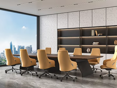 Modern Conference Room With Large Windows City View Yellow Chairs Black Table Bookshelves Gray Walls 3d model