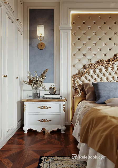 Luxurious Bedroom With Tufted Headboard Gold Accents Nightstand Dried Flowers Gray Wall And White Wardrobe 3d model 