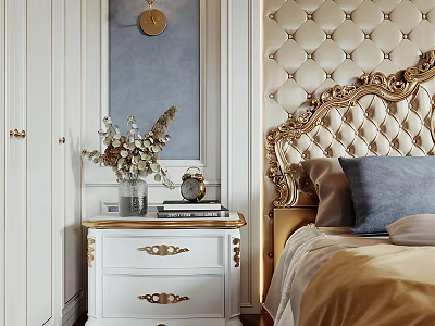 Luxurious Bedroom With Tufted Headboard Gold Accents Nightstand Dried Flowers Gray Wall And White Wardrobe 3d model