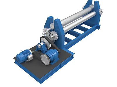 Industrial Blue Plate Rolling Machine With Steel Rollers Gears And Motor Base 3d model