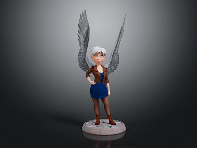 Game and Movie Character Featuring White Hair Wings Brown Jacket Blue Dress Pedestal Base 3d model