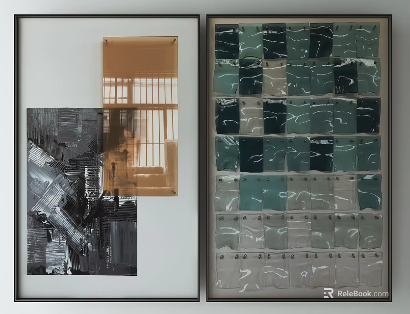 Two Modern Abstract Framed Paintings with Black Borders for Wall Art 3d model 