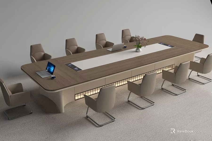 Modern Wooden Conference Table With Laptop Flower Vase And Chairs In Office 3d model 