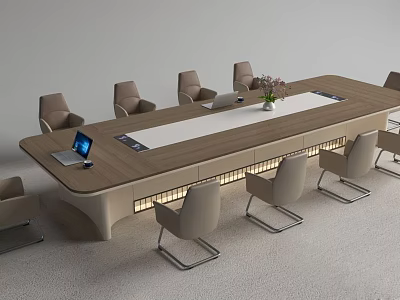 Modern Wooden Conference Table With Laptop Flower Vase And Chairs In Office 3d model
