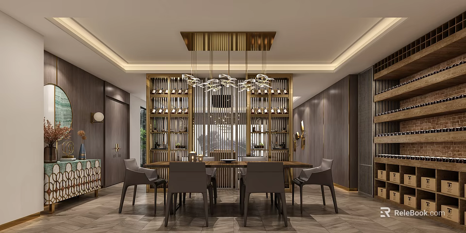 Elegant Modern Wine Cellar Interior With Wine Racks Dining Table And Chairs 3d model 