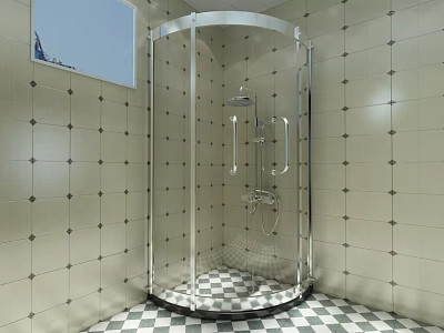 Shower Sauna With Glass Door Enclosure Tiled Walls Black And White Checkered Floor Metal Fixtures 3d model