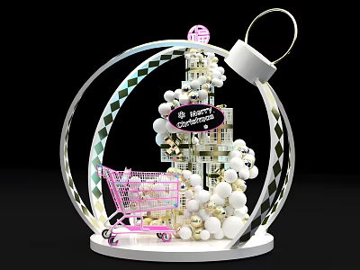 Crystal Ball Ornament With Pink Shopping Cart White Decorative Balls And Small Building Model 3d model
