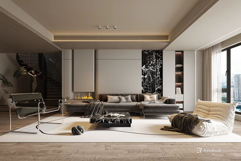 Modern Living Room Interior Design With Sofa Coffee Table Fireplace And Large Windows 3d model 