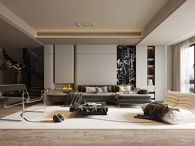 Modern Living Room Interior Design With Sofa Coffee Table Fireplace And Large Windows 3d model