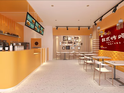 Korean Fried Chicken Restaurant Interior With Orange Walls Open Layout And Dining Tables 3d model
