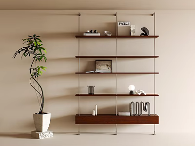 Modern Open Shelving Unit With Books Decorative Items And Potted Plant In Minimalist Interior 3d model