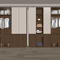 Modern Wardrobe With Glass Doors Wooden Cabinets LED Lighting Hanging Folded Clothes And Storage Boxes