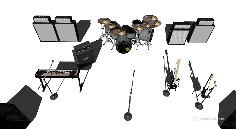 Assorted Musical Instruments Display With Drum Set Keyboard Guitar Amplifiers And Stands 3d model 
