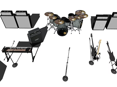 Assorted Musical Instruments Display With Drum Set Keyboard Guitar Amplifiers And Stands 3d model