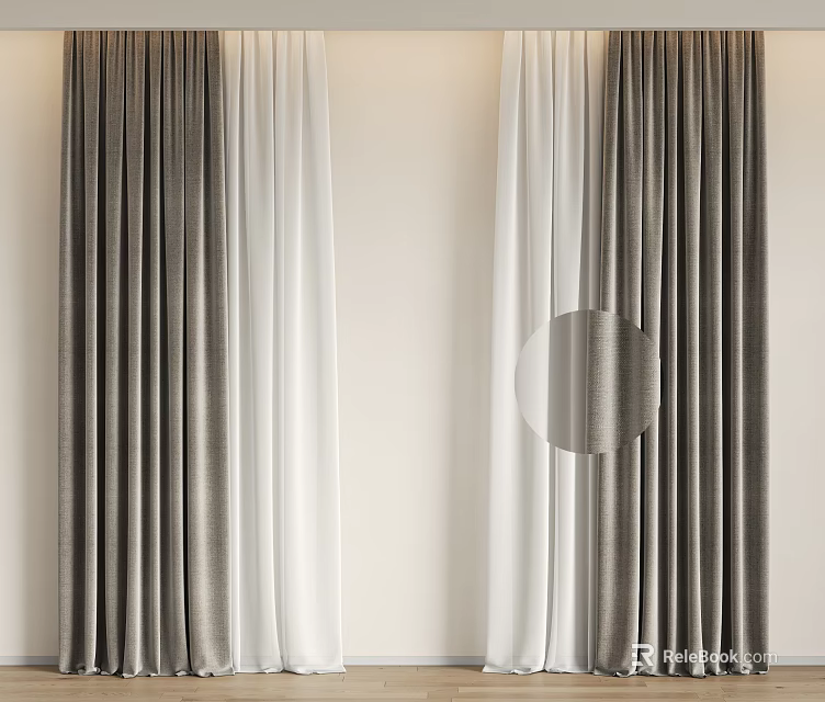 Elegant Gray And White Curtain Interior Design With Double Layer And Neutral Tones 3d model