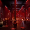 Stylish Loop Bar Interior With Red Neon Lights Dark Ambiance And Candles On Tables