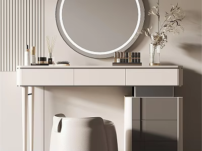 Modern Minimalist White Dressing Table With Backlit Round Mirror And Vase Flowers Cosmetics 3d model