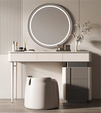 Modern Minimalist White Dressing Table With Backlit Round Mirror And Vase Flowers Cosmetics 3d model
