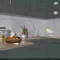 Modern Gray Kitchen Interior With Marble Wall Wooden Countertop And Appliances