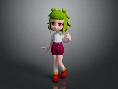3D Animated Game Character With Green Hair Red Eyes And Waving Gesture 3d model