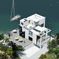 Modern Two Story Detached Villa With Large Windows Ocean View And Terrace Greenery