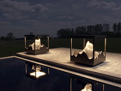 Outdoor Lights with Square Frame Illuminated Mountain Design in Stone Patio Pool Water Reflection 3d model