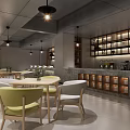 Modern Restaurant Interior With Green Seats Wooden Tables And Pendant Lights