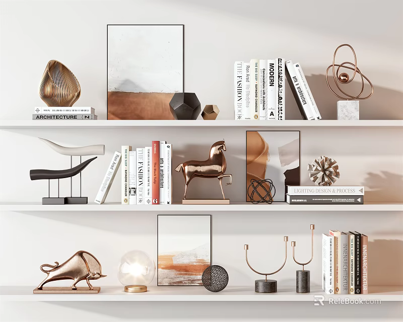 Decorative Ornament Combination on White Shelves with Animal Figurines Geometric Shapes Picture Frames and Books 3d model 