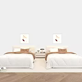 Single Beds With Beige Quilts Brown Pillows Nightstands Lamps Wall Paintings Above And Wooden Floor