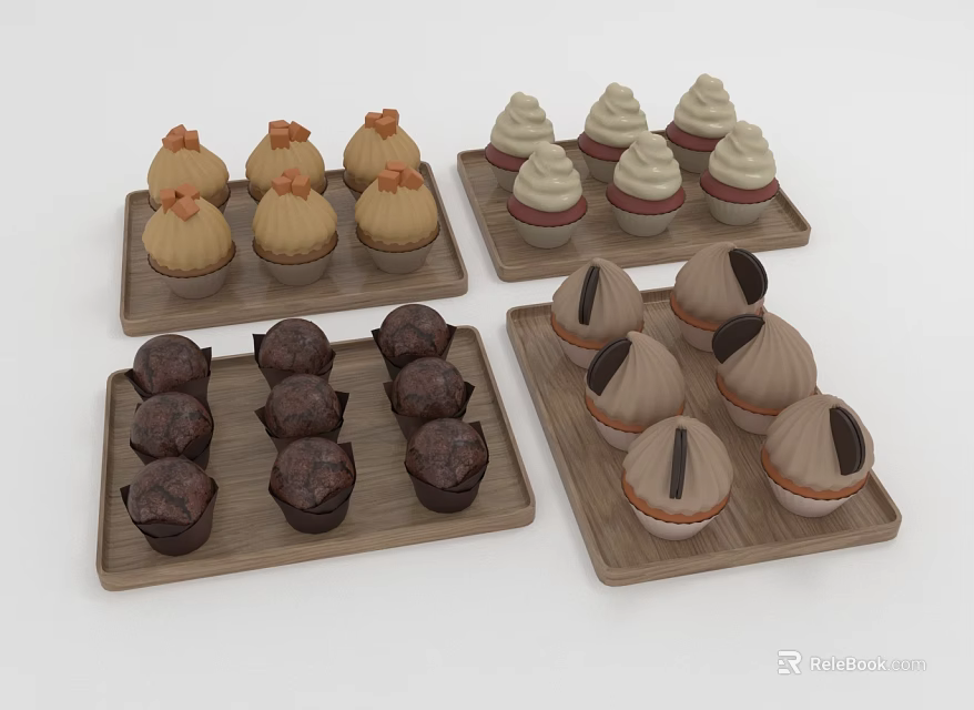 Delicious Various Decorated Cupcakes And Muffins On Wooden Serving Trays 3d model 