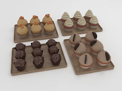 Delicious Various Decorated Cupcakes And Muffins On Wooden Serving Trays 3d model