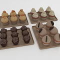 Delicious Various Decorated Cupcakes And Muffins On Wooden Serving Trays