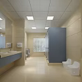 Public Restroom Interior With Modern Partitions Sinks Mirrors Tiled Walls And Bright Lighting