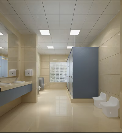 Public Restroom Interior With Modern Partitions Sinks Mirrors Tiled Walls And Bright Lighting 3d model