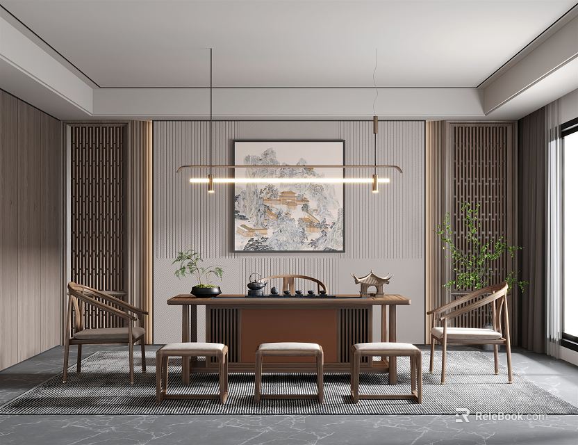 Traditional Chinese Tea Room Interior With Wooden Table Chairs Stools Decorative Painting And Natural Light 3d model 