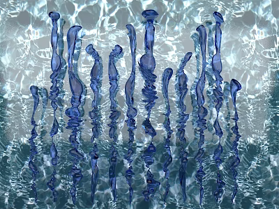Stunning Blue Icicle Shaped Art Installation With Water Ripple Background 3d model