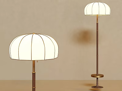 Modern Floor Lamps with White Domed Shades Brass Stands and Circular Bases in Beige Setting 3d model