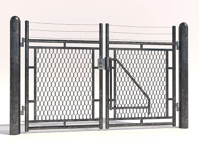 Durable Metal Security Gate With Hexagonal Mesh And Steel Railings 3d model