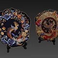 Decorative Shell Shaped Plates With Phoenix Floral Patterns On Black Stands 3d model